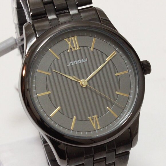 Ladies Classic Quartz Watch Black Textured Dial Gold Tone Indices Roman Numerals